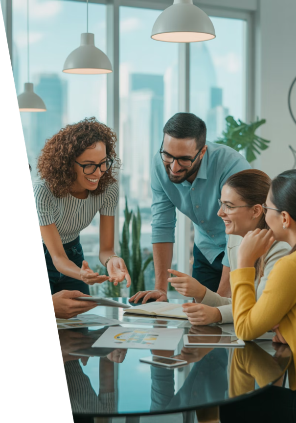Four people dressed in business casual talking around a table.